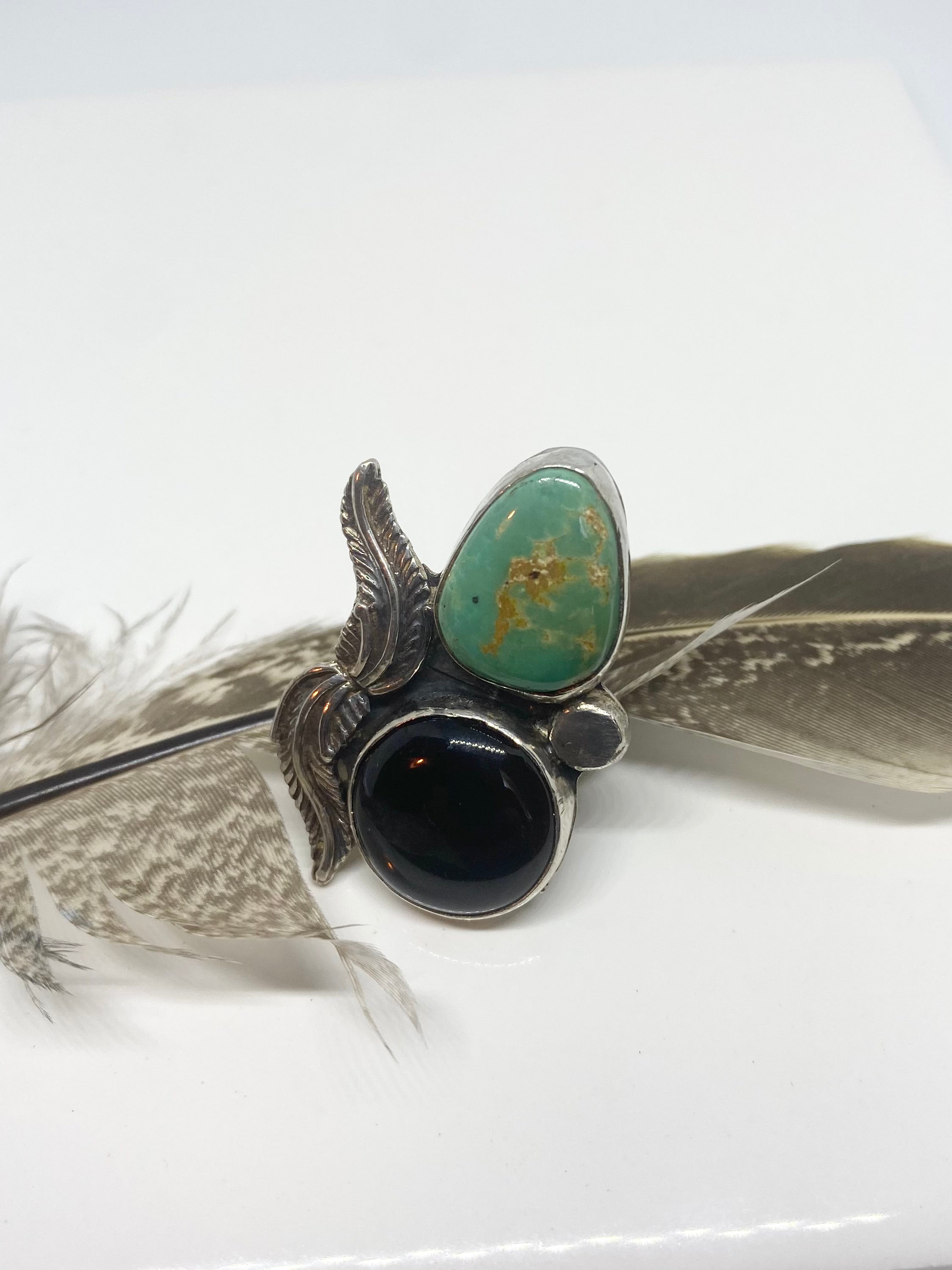 Onyx & Turquoise Feather Ring