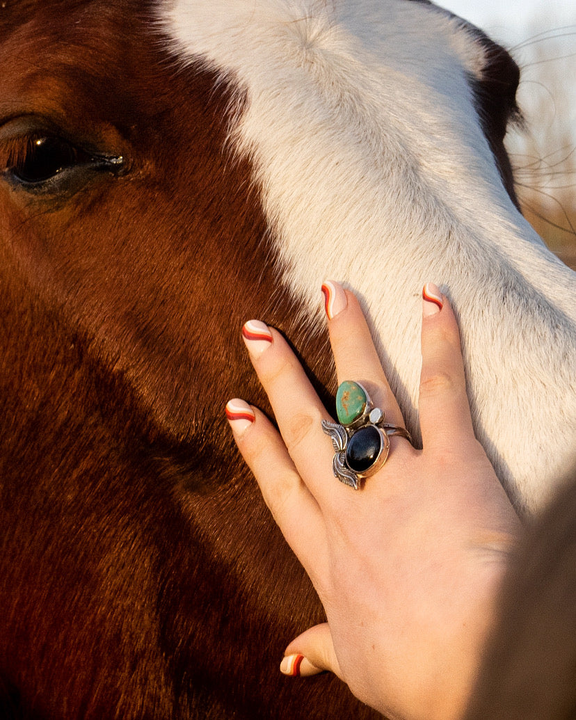 Onyx & Turquoise Feather Ring